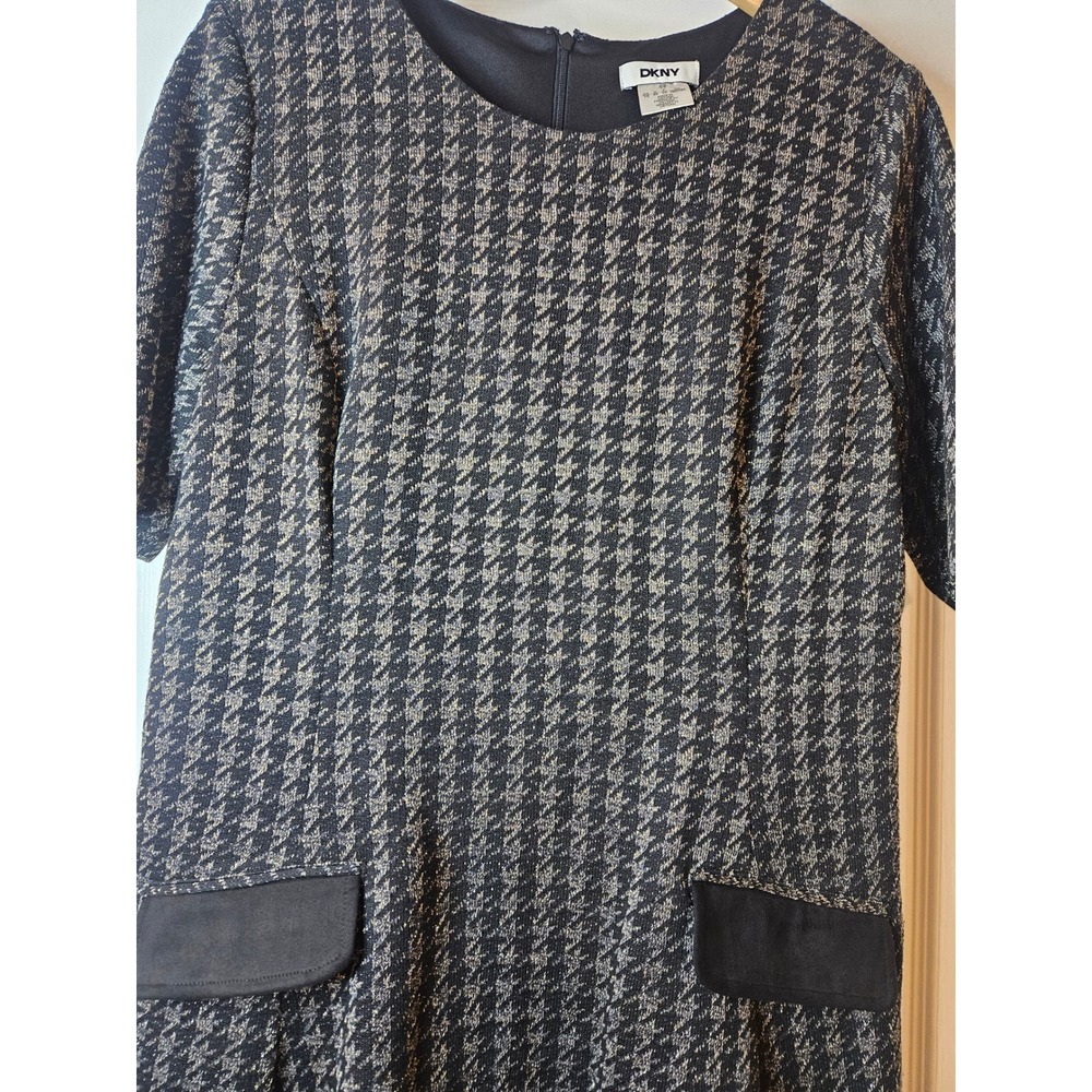 DKNY Black Gold Metallic Houndstooth Short Sleeve Shift Dress‎ Size 16 Chic - Picture 6 of 11